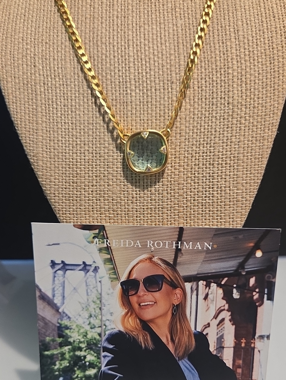 Freida Rothman Gold Blue Glass Pendant Necklace 18 Inches